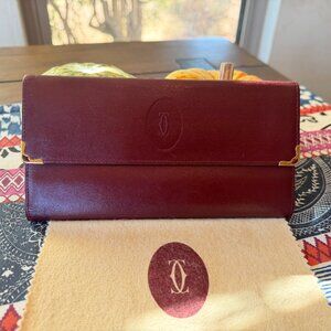 Cartier Kisslock Tri-fold Bordeaux Long Wallet with Box and Cloth, Vintage